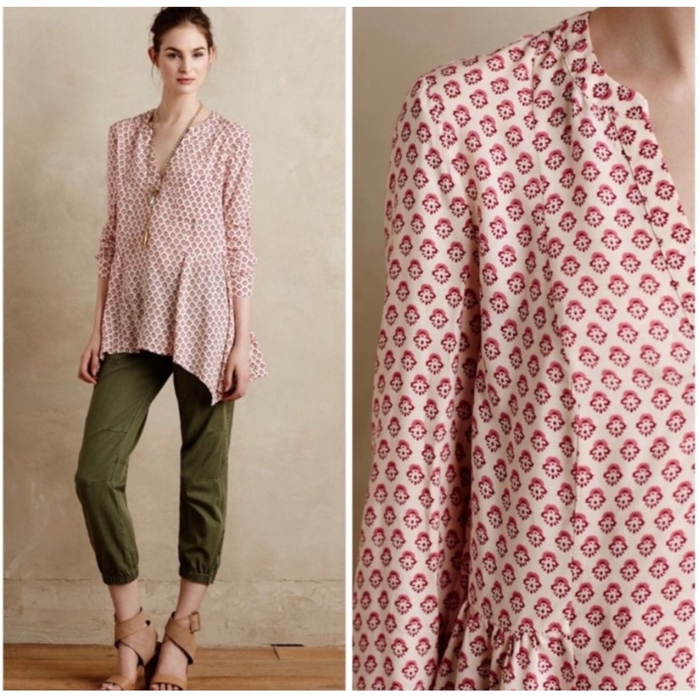 Maeve Anthropologie Lauren Blouse Floral Block Print Pink Long Sleeve Top Size 8